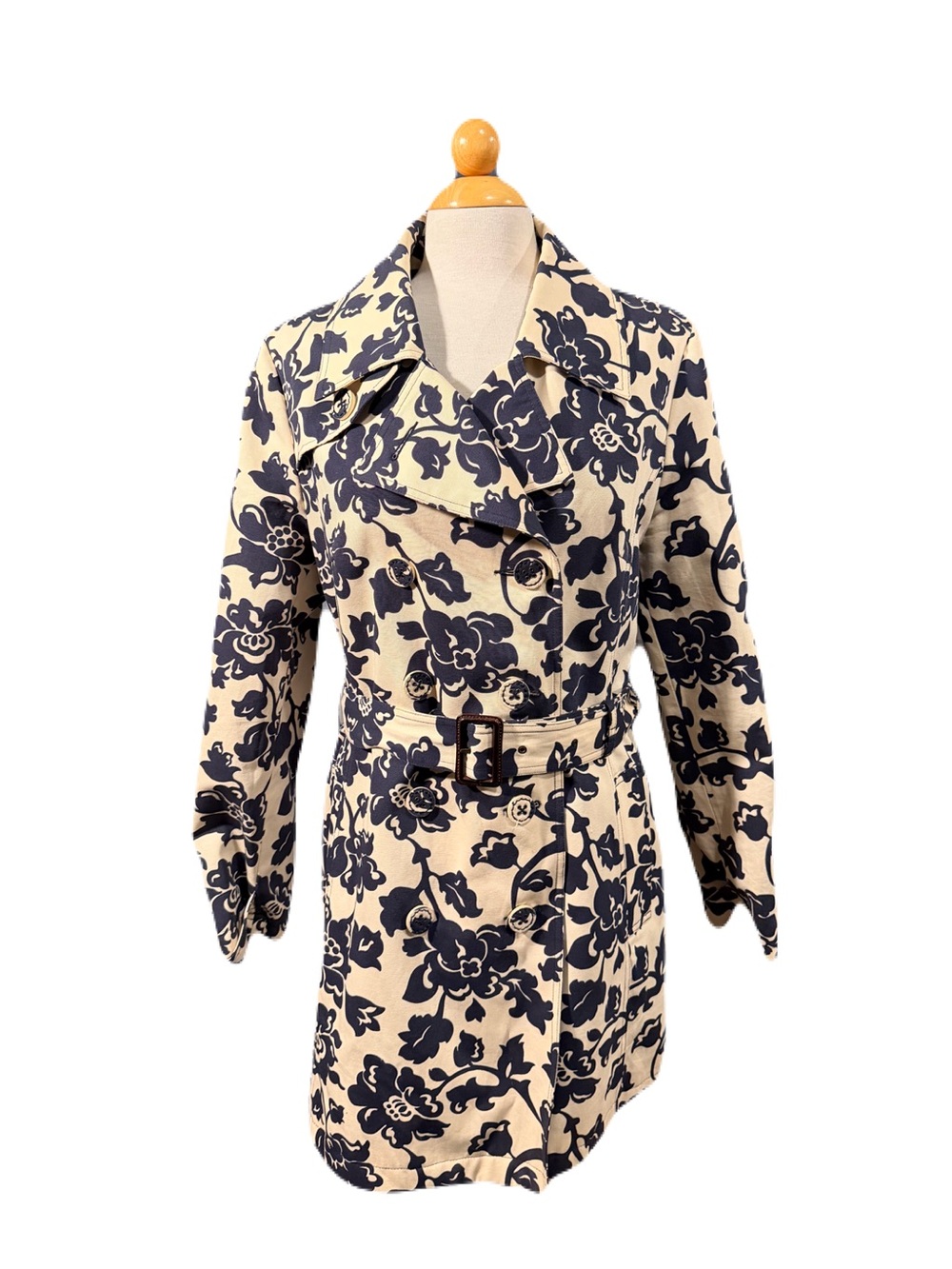 Merona Cream Trench Coat with Navy Floral Print